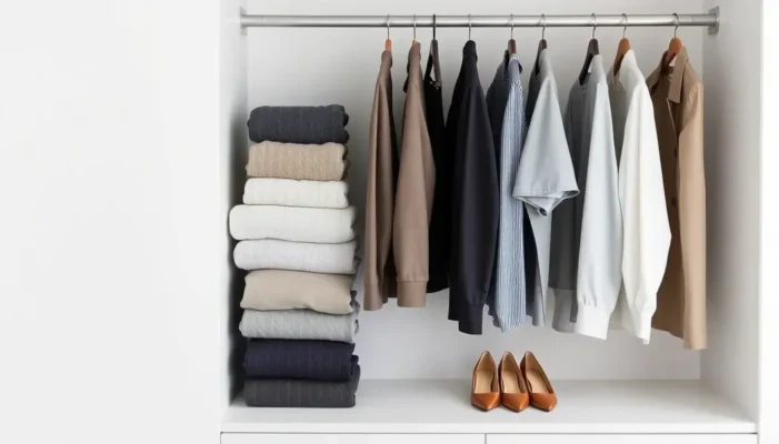 A capsule wardrobe showing neatly organized, timeless clothing pieces.