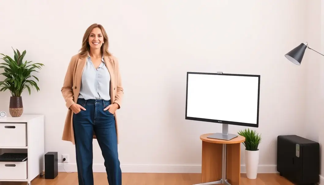 A freelancer confidently dressed, standing in front of a computer, symbolizing self-assurance in professional settings.