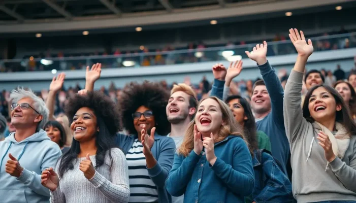 A diverse group of sports fans energetically cheering in a stadium.