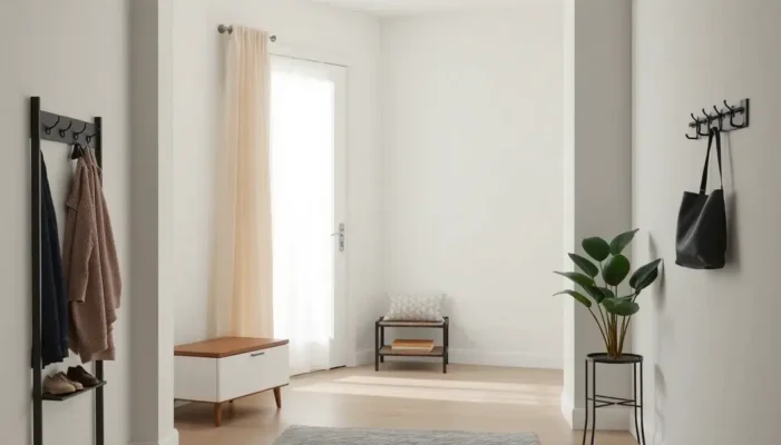 Minimalist modern hallway with organized storage, sleek decor, and green plant for a clutter-free look.