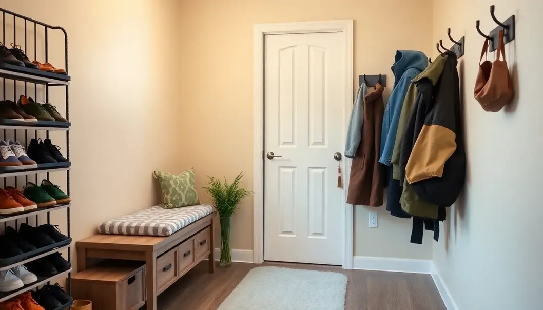 A well-organized hallway showcasing multifunctional furniture and storage solutions.