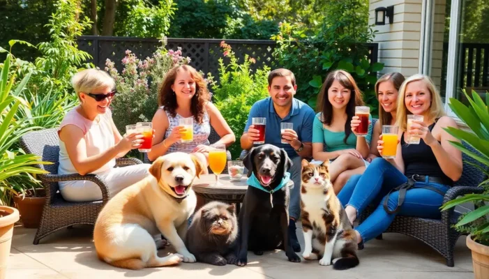 People enjoying drinks with pets on a sunny patio.