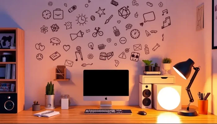 A teenager’s home office with modern desk lamps and a creatively decorated workspace.